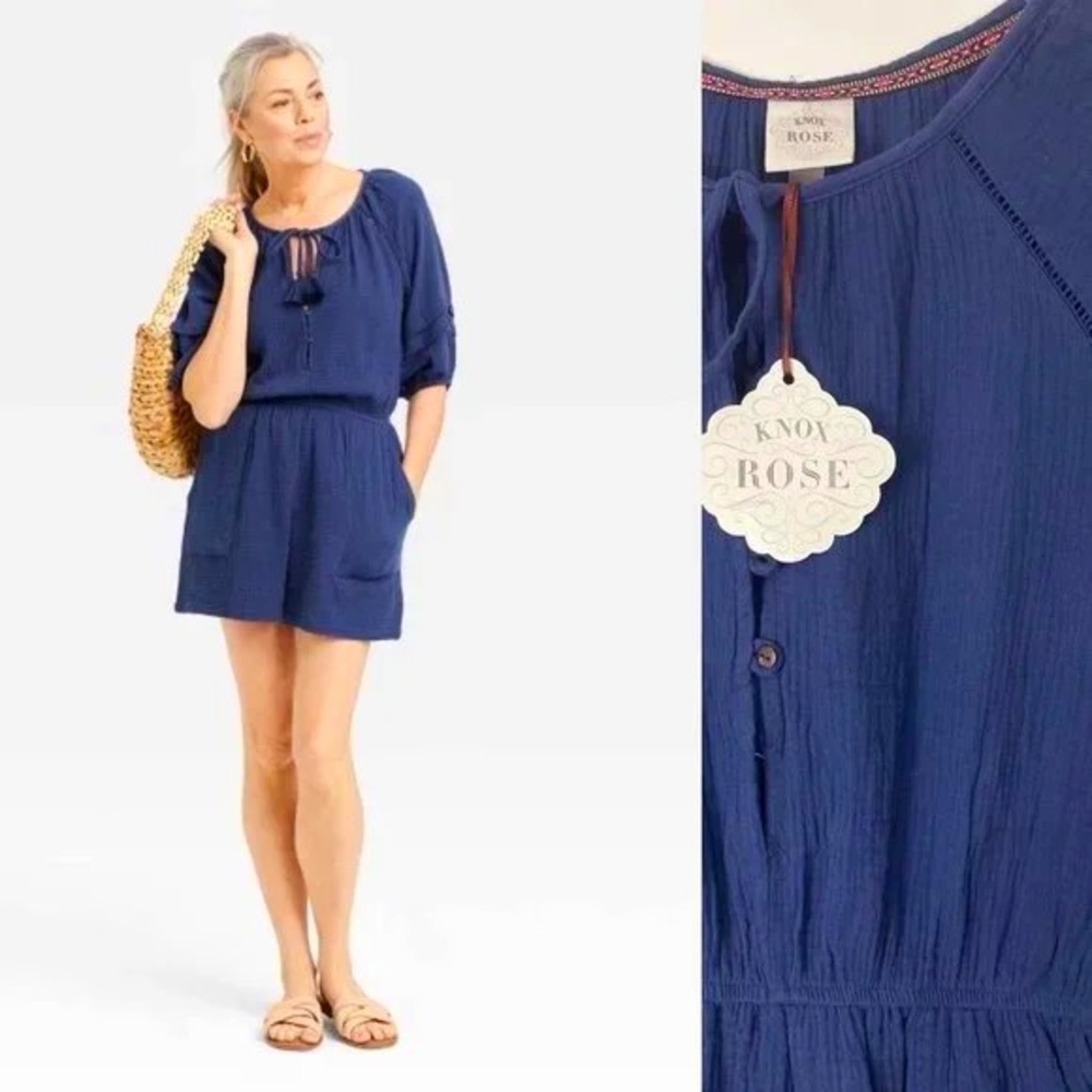 Knox Rose Target navy blue linen bohemian romper with pockets, size small